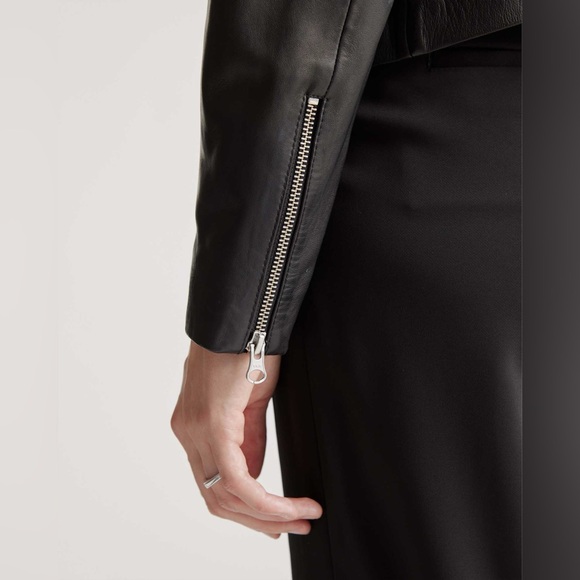 QUINCE 100% Washed Genuine Leather Biker Jacket XS Black Sheepskin - Picture 6 of 7